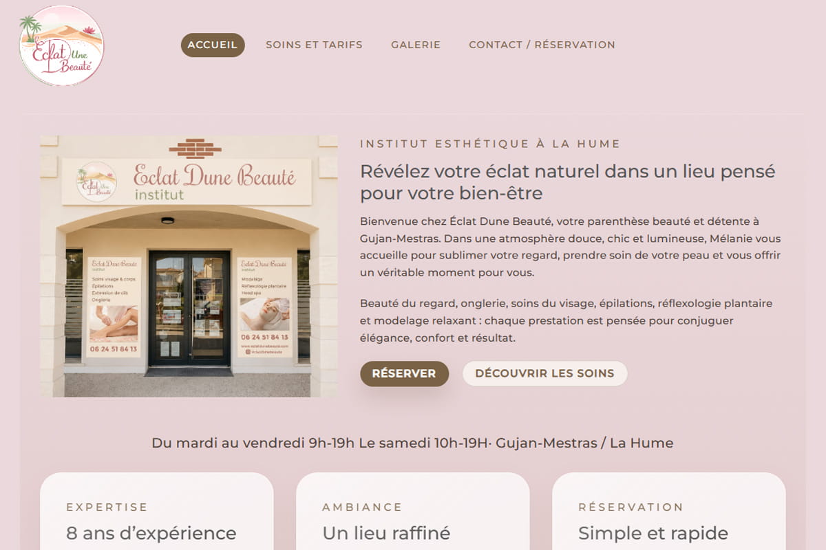 Site vitrine de l'institut de beauté Éclat d'Une Beauté